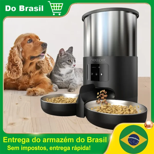 Newpet Comedouro para animais de estimação de 5 litros com microfone Comedouro automático para gatos Dispensador inteligente de ração para cães com temporização WiFi Comedouro quantitativo de aço inoxidável